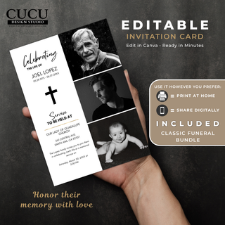 Editable funeral invitation card shown in hand, modern Canva memorial template with photo collage, ready to print or share digitally. 

ES: Invitación funeral editable mostrada en mano, plantilla memorial moderna en Canva con collage de fotos, lista para imprimir o compartir digitalmente.