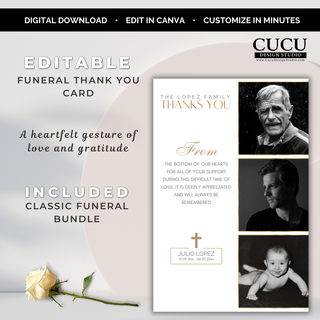 Editable funeral thank you card Canva template featuring elegant memorial design, photo collage layout, heartfelt appreciation card for family and friends. 

ES: Plantilla editable en Canva para tarjeta de agradecimiento funeral con elegante diseño memorial, collage de fotos y mensaje de gratitud para familiares y amigos.
