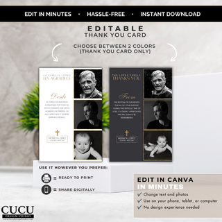 Funeral thank you card Canva template available in two colors, white and gray, featuring customizable text, photos, printable and digital formats. 

ES: Plantilla de tarjeta de agradecimiento funeral en Canva disponible en dos colores, blanco y gris, con texto y fotos personalizables, formato imprimible y digital.