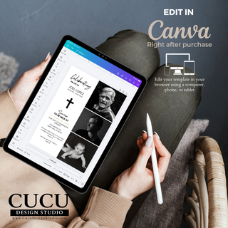 Editable funeral invitation template in Canva, customize photos and text on phone, tablet, or computer with instant access after purchase. 

ES: Plantilla editable para invitación funeral en Canva, personaliza fotos y texto desde teléfono, tableta o computadora con acceso instantáneo después de la compra.