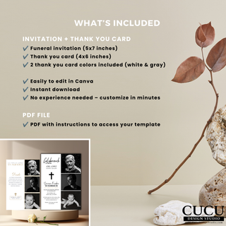 Funeral invitation and thank you card Canva template bundle includes 5x7 invitation, 4x6 thank you card, two color options, and instant download. 

ES: Paquete de plantillas en Canva para invitación funeral y tarjeta de agradecimiento incluye invitación 5x7, tarjeta 4x6, dos opciones de color y descarga instantánea.