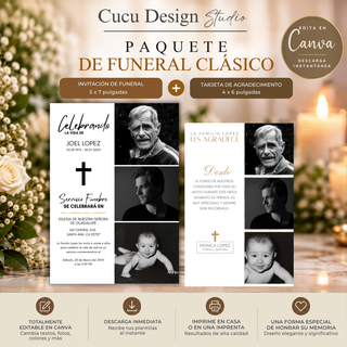 Paquete de funeral clásico editable en Canva con invitación de funeral de 5 x 7 pulgadas y tarjeta de agradecimiento de 4 x 6 pulgadas, diseño elegante en blanco y negro con fotos y detalles dorados.