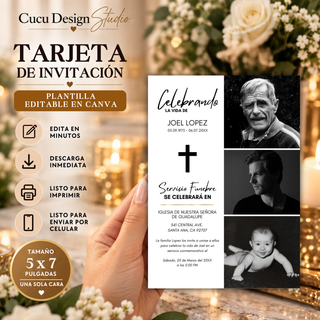 Invitación de funeral editable en Canva de 5 x 7 pulgadas, diseño elegante en blanco y negro con tres fotografías, cruz y detalles dorados.