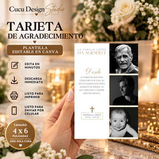 Tarjeta de agradecimiento funeraria editable en Canva de 4 x 6 pulgadas, diseño elegante en blanco y negro con tres fotografías y detalles dorados.