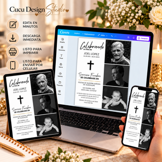 Invitación de funeral editable en Canva mostrada en computadora, tableta y celular, lista para imprimir o compartir digitalmente.