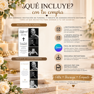 Paquete de funeral editable en Canva con invitación digital de 5 x 7 pulgadas, tarjeta de agradecimiento de 4 x 6 pulgadas, descarga instantánea y archivo PDF con instrucciones.