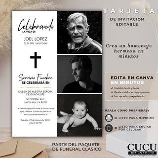 Invitación Funeral Editable Canva, Tarjeta Agradecimiento, Plantilla Memorial Digital