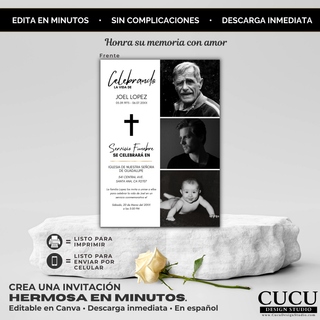 Invitación Funeral Editable Canva, Tarjeta Agradecimiento, Plantilla Memorial Digital