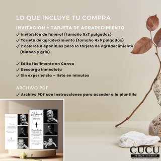 Invitación Funeral Editable Canva, Tarjeta Agradecimiento, Plantilla Memorial Digital