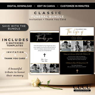 Editable funeral invitation and thank you card bundle Canva template featuring a black, white, and gold memorial design with matching layouts and multiple photo placeholders. / Plantilla editable de invitación funeraria y tarjeta de agradecimiento en Canva con diseño conmemorativo en negro, blanco y dorado, diseños coordinados y múltiples espacios para fotografías.