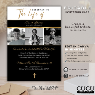 Editable celebration of life funeral invitation Canva template with black and gold accents, three-photo collage layout, funeral service details, and reception information. / Plantilla editable de invitación para celebración de vida en Canva con detalles en negro y dorado, collage de tres fotografías, información del servicio funerario y recepción.