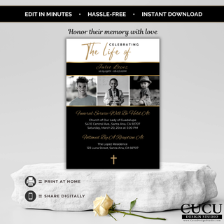 Funeral invitation Canva template displayed on a decorative pedestal featuring a modern black, white, and gold memorial design with multiple photo placeholders. / Plantilla de invitación funeraria en Canva mostrada sobre un pedestal decorativo con diseño conmemorativo moderno en negro, blanco y dorado y múltiples espacios para fotografías.
