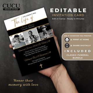 Editable funeral invitation Canva template shown in hand with elegant black and gold typography, customizable photos, and celebration of life event details. / Plantilla editable de invitación funeraria en Canva sostenida en una mano con elegante tipografía en negro y dorado, fotografías personalizables y detalles del evento de celebración de vida.