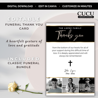 Editable funeral thank you card Canva template featuring a heartfelt appreciation message, personalized memorial details, and a black, white, and gold design. / Plantilla editable de tarjeta de agradecimiento funeraria en Canva con un mensaje de gratitud, detalles conmemorativos personalizados y diseño en negro, blanco y dorado.