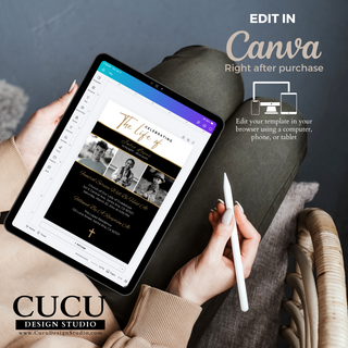 Funeral invitation template displayed on a tablet in Canva, highlighting easy online editing, customizable photos and text, and instant digital access. / Plantilla de invitación funeraria mostrada en una tableta dentro de Canva, destacando la edición en línea, fotografías y texto personalizables y acceso digital instantáneo.