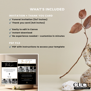 Funeral invitation and thank you card Canva bundle listing showing included template sizes, editable features, instant download access, and matching memorial designs. / Listado del paquete Canva de invitación funeraria y tarjeta de agradecimiento mostrando tamaños incluidos, funciones editables, acceso instantáneo y diseños conmemorativos coordinados.