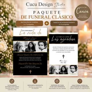 Paquete de funeral clásico editable en Canva con invitación de funeral de 5 x 7 pulgadas y tarjeta de agradecimiento de 4 x 6 pulgadas, diseño elegante en negro, blanco y dorado.