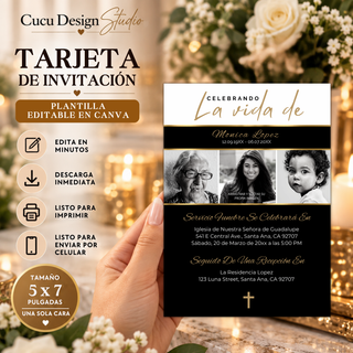 Invitación de funeral editable en Canva de 5 x 7 pulgadas, diseño elegante en negro, blanco y dorado con fotografías familiares y detalles para ceremonia y recepción.