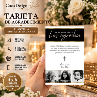 Tarjeta de agradecimiento de funeral editable en Canva de 4 x 6 pulgadas, diseño elegante en negro, blanco y dorado con mensaje de agradecimiento y fotografías familiares.