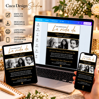 Paquete de funeral digital editable en Canva mostrado en computadora, tableta y celular, con invitación y tarjeta de agradecimiento listas para imprimir o compartir digitalmente.