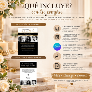 Paquete de funeral editable en Canva con invitación de 5 x 7 pulgadas y tarjeta de agradecimiento de 4 x 6 pulgadas, descarga instantánea, edición fácil y archivo PDF con instrucciones.