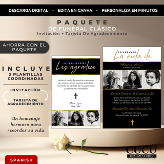 Imagen promocional de un paquete de funeral clásico editable en Canva que incluye una invitación fúnebre tamaño 5x7 y una tarjeta de agradecimiento tamaño 4x6; el diseño presenta dos plantillas coordinadas con estilo elegante en tonos negro, beige y dorado, con tipografía moderna y detalles decorativos sutiles; una tarjeta muestra un mensaje de agradecimiento con foto y cruz religiosa, mientras la otra incluye información del servicio funerario como fecha, ubicación y recepción; el fondo minimalista incluye