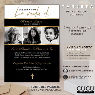 Invitación funeraria editable en Canva con diseño elegante en negro, beige y dorado, incluye detalles del servicio / Editable funeral invitation in Canva with elegant black, beige, and gold design including service details