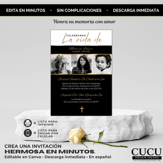Plantilla de invitación funeral 5x7 editable en Canva mostrada sobre base con rosa decorativa / Editable 5x7 funeral invitation template in Canva displayed on a pedestal with decorative rose
