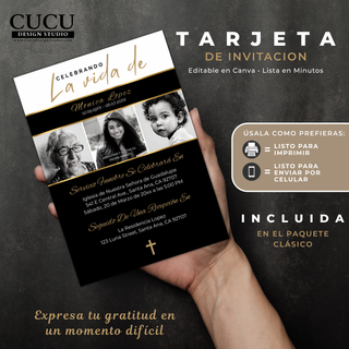 Tarjeta de invitación funeral en mano, diseño elegante editable en Canva lista para imprimir o enviar / Funeral invitation card held in hand, elegant Canva editable design ready to print or share
