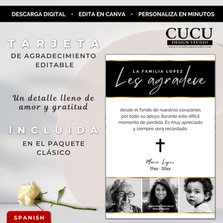 Tarjeta de agradecimiento funeral editable en Canva con diseño elegante negro, blanco y dorado / Editable funeral thank you card in Canva with elegant black, white, and gold design