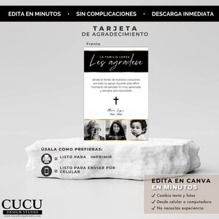 Plantilla de tarjeta de agradecimiento funeral mostrada sobre base, lista para imprimir o enviar / Funeral thank you card template displayed on pedestal, ready to print or share
