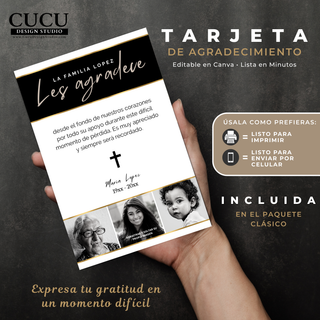 Tarjeta de agradecimiento funeral sostenida en mano, diseño elegante editable en Canva / Funeral thank you card held in hand, elegant editable Canva design