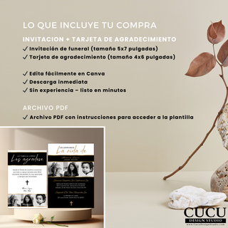 Detalles del paquete funeral: invitación 5x7 y tarjeta de agradecimiento 4x6 editable / Funeral package details: 5x7 invitation and 4x6 thank you card editable