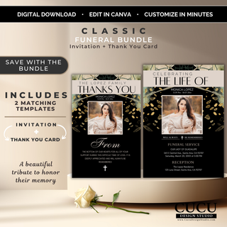 Editable funeral invitation and thank you card bundle Canva template featuring elegant black, beige, and gold accents with matching memorial designs and personalized photo layout. / Plantilla editable de invitación funeraria y tarjeta de agradecimiento en Canva con elegantes detalles en negro, beige y dorado, diseños conmemorativos coordinados y espacio para fotografía personalizada.