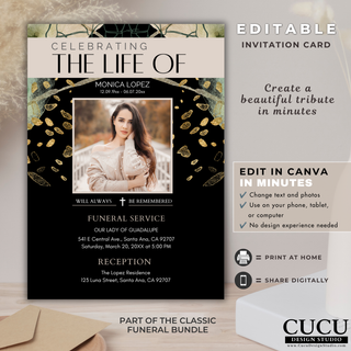 Editable celebration of life funeral invitation Canva template with black background, gold botanical accents, memorial photo, funeral service details, and reception information. / Plantilla editable de invitación para celebración de vida en Canva con fondo negro, detalles botánicos dorados, fotografía conmemorativa, información del servicio funerario y recepción.