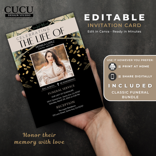 Editable funeral invitation Canva template shown in hand, featuring a sophisticated black, beige, and gold memorial design with personalized photo and event details. / Plantilla editable de invitación funeraria en Canva sostenida en una mano, con sofisticado diseño conmemorativo en negro, beige y dorado, fotografía personalizada y detalles del evento.