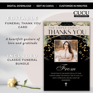 Editable funeral thank you card Canva template with personalized photo, elegant black and gold design, heartfelt appreciation message, and memorial theme. / Plantilla editable de tarjeta de agradecimiento funeraria en Canva con fotografía personalizada, elegante diseño en negro y dorado, mensaje de gratitud y temática conmemorativa.