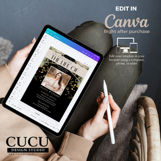Funeral invitation Canva template displayed on a tablet screen, highlighting easy online editing, customizable text and photos, and instant digital download. / Plantilla de invitación funeraria en Canva mostrada en una tableta, destacando la edición en línea, personalización de textos y fotografías, y descarga digital instantánea.