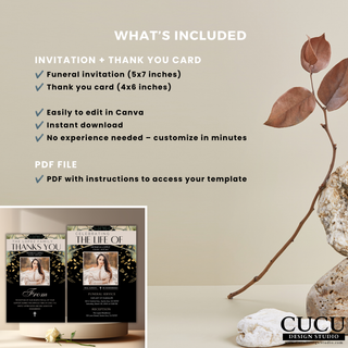 Funeral invitation and thank you card bundle Canva template listing showing included sizes, editable features, instant download access, and matching memorial designs. / Listado de plantilla Canva de invitación funeraria y tarjeta de agradecimiento mostrando tamaños incluidos, funciones editables, acceso instantáneo y diseños conmemorativos coordinados.