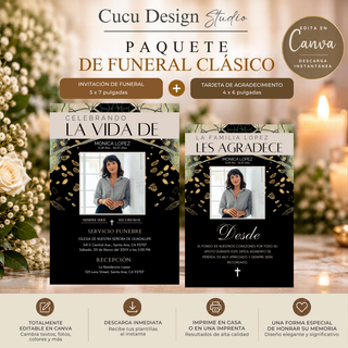 Paquete de funeral clásico editable en Canva con invitación de funeral de 5 x 7 pulgadas y tarjeta de agradecimiento de 4 x 6 pulgadas, diseño negro con detalles dorados y foto memorial.