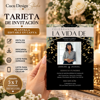 Invitación de funeral editable en Canva de 5 x 7 pulgadas, diseño negro y dorado con foto memorial, detalles elegantes y espacio para información del servicio funerario.