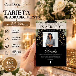 Tarjeta de agradecimiento de funeral editable en Canva de 4 x 6 pulgadas, diseño negro y dorado con foto memorial y mensaje de agradecimiento.