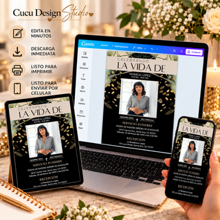 Invitación de funeral editable en Canva mostrada en computadora, tablet y celular, destacando descarga inmediata, impresión y uso digital.
