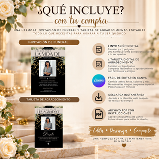 Paquete de funeral editable en Canva con invitación de 5 x 7 pulgadas y tarjeta de agradecimiento de 4 x 6 pulgadas, mostrando el contenido incluido y descarga digital.