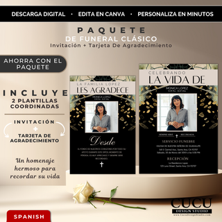 Vista del paquete funerario clásico con invitación y tarjeta de agradecimiento coordinadas, diseño elegante en tonos negro, beige y dorado, con detalles modernos y minimalistas, incluyendo fotografía del difunto, textos personalizables y presentación sofisticada ideal para un homenaje respetuoso / Classic funeral package preview featuring coordinated invitation and thank you card in black, beige and gold tones, with modern minimalist details, customizable text and photo layout designed for an elegant memori