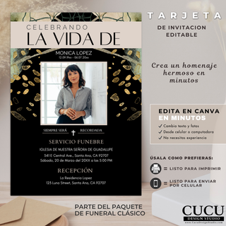 Invitación funeraria editable en Canva con diseño moderno elegante, fondo negro con detalles dorados, tipografía limpia, fotografía central del difunto y espacio para información del servicio y recepción / Editable funeral invitation template in Canva featuring modern elegant design, black background with gold accents, clean typography, central photo and space for funeral service and reception details