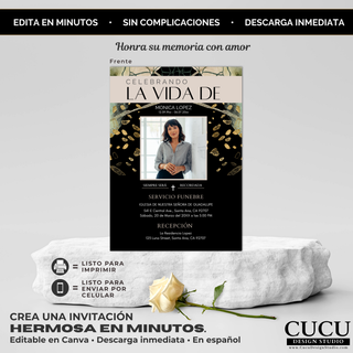 Diseño de invitación funeraria mostrado sobre pedestal con fondo neutro, resaltando su estética sofisticada, composición minimalista y claridad en la información del evento / Funeral invitation design displayed on pedestal with neutral background, highlighting its sophisticated aesthetic, minimal composition and clear event information layout