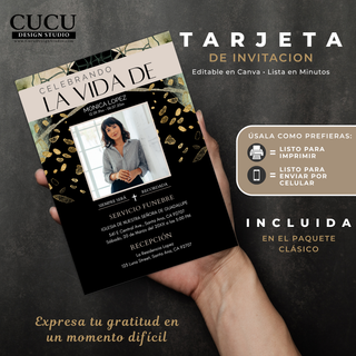 Tarjeta de invitación funeraria editable mostrada en una mano, con diseño moderno y elegante en tonos negro, beige y detalles dorados, incluyendo fotografía central del difunto, tipografía limpia y sofisticada, y espacio para información del servicio funerario y recepción; el diseño está presentado sobre un fondo oscuro texturizado con texto promocional que indica que es editable en Canva, lista para imprimir o enviar digitalmente, ideal para crear un homenaje respetuoso y profesional en minutos 
