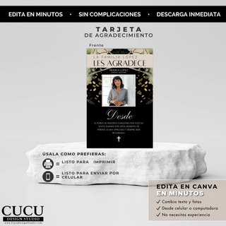 Tarjeta de agradecimiento funeraria editable presentada sobre una base tipo pedestal en fondo claro minimalista, con diseño elegante en tonos negro, beige y detalles dorados, incluyendo fotografía central del difunto, tipografía sofisticada y mensaje de gratitud; el diseño está acompañado de texto informativo que indica que puede imprimirse o enviarse digitalmente, y que es editable en Canva en minutos sin necesidad de experiencia, ideal para crear un homenaje respetuoso y profesional