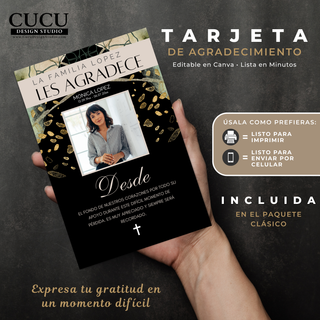 Tarjeta de agradecimiento funeraria editable sostenida en una mano, con diseño elegante y moderno en tonos negro, beige y detalles dorados, que incluye una fotografía central del difunto, tipografía sofisticada y mensaje de gratitud; presentada sobre un fondo oscuro texturizado con elementos promocionales que indican que es editable en Canva, lista para imprimir o enviar digitalmente, e incluida dentro de un paquete funerario clásico, ideal para expresar agradecimiento con respeto y estilo en momentos ...